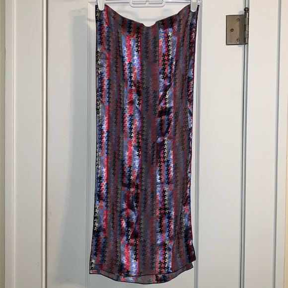 Oblong Scarf: Red, Blue, Gray, Black Design, Sheer & Opaque, 60” x 12”, Career - Picture 3 of 8